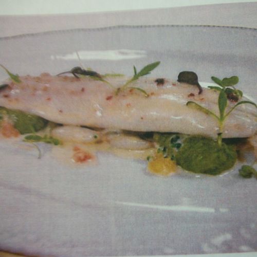 Butter Poached Sea Bass, Frogs Leg Confit, Herb Du