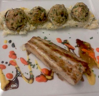 Sauteed Group, Seafood Risotto with Crab ball on h