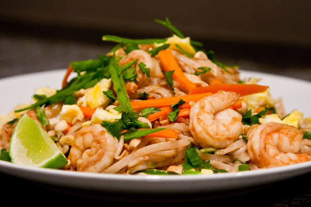 Pad Thai noodles with shrimp and vegetables.