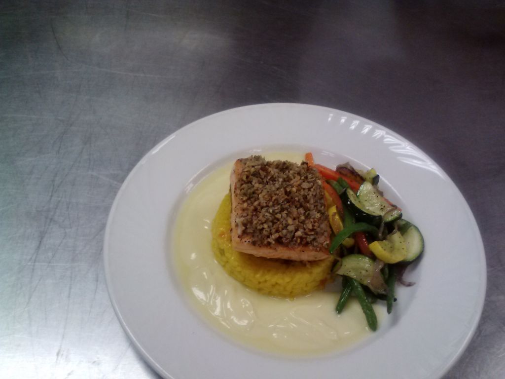 Pecan crusted salmon, rice pilaf, steamed vegetabl
