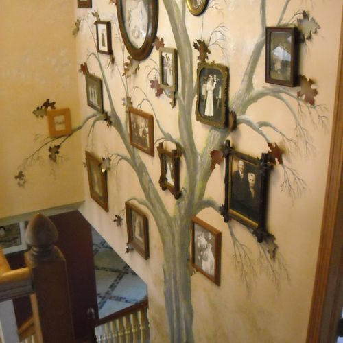 family tree mural, with metal leaves