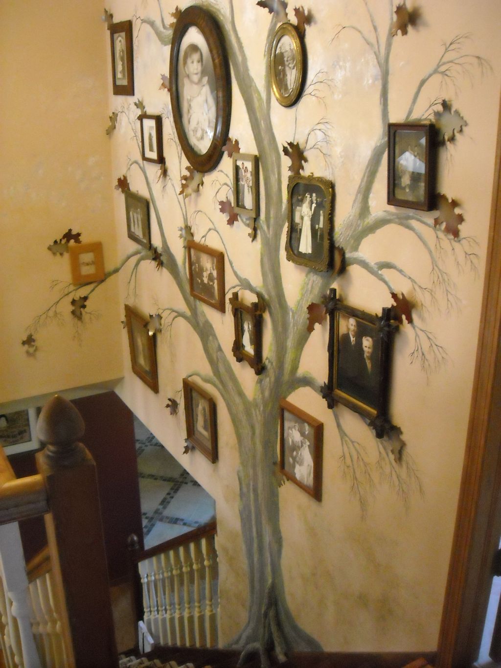 family tree mural, with metal leaves