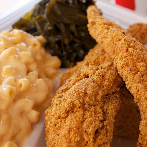Southern fried fish fresh greens and my famous mac