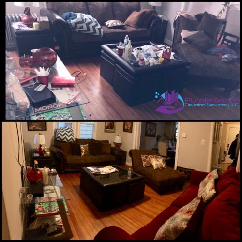 Living room clean up. Dusting of furniture, garbag