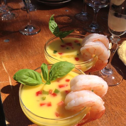Chilled Mango Soup with Shrimp Cocktail