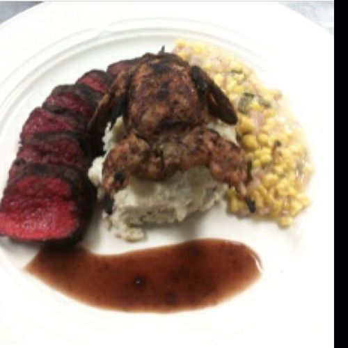 Grilled Venison and Quail with Mashed red potatoes