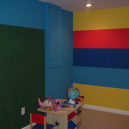 Play Room with accent walls of primary color strip