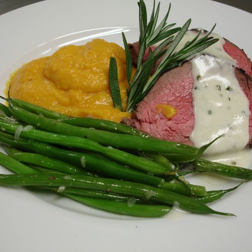 Filet Mignon with a Butternut Puree and Sauteed Fr