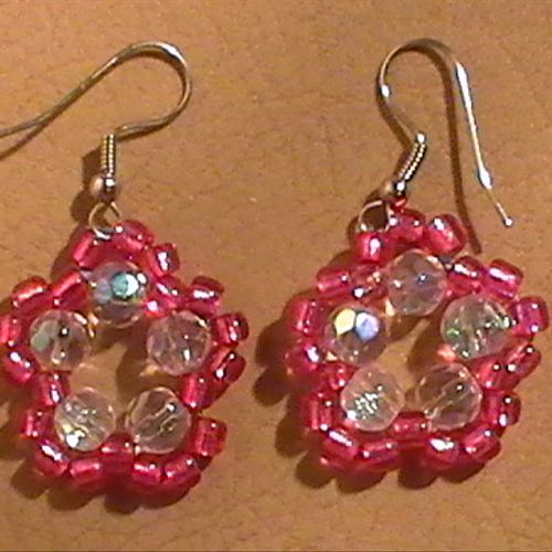 Pink and clear beaded flower earrings