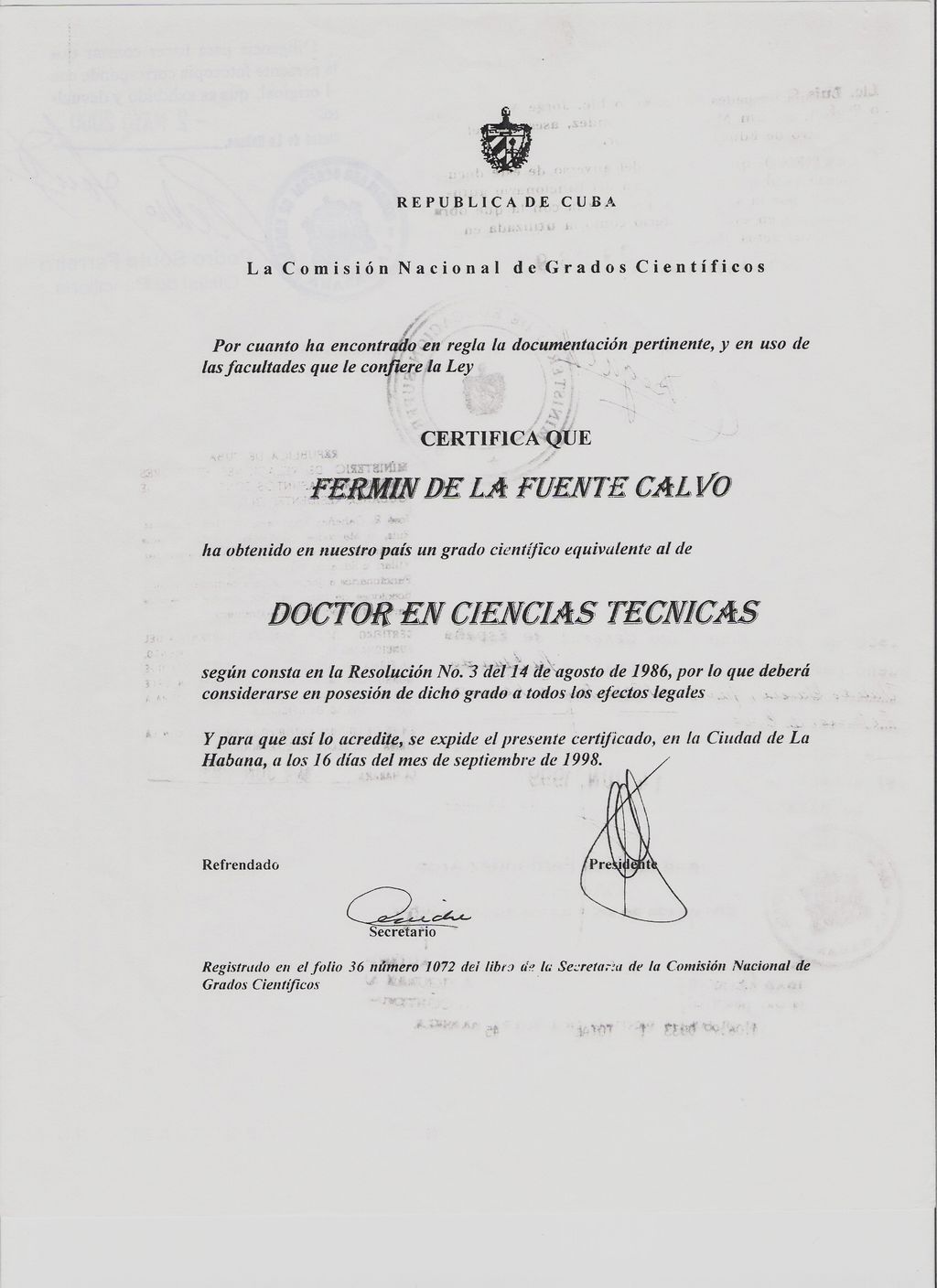Title of Ph.D. in Technical Sciences (validated in