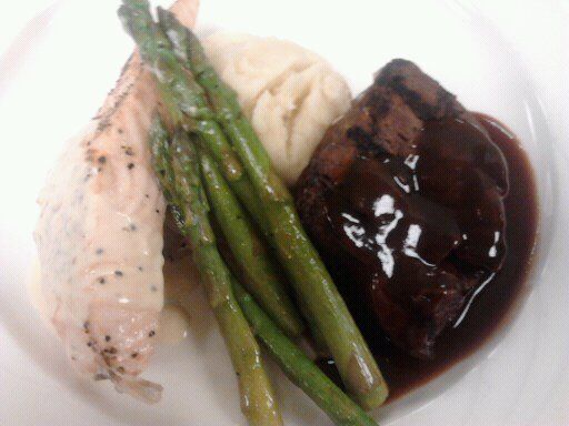 Grilled Salmon and Raspberry BBQ Steak with mashed