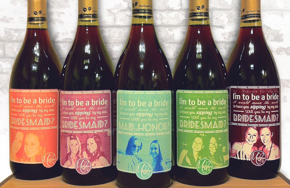 Custom wine labels made for a bride to ask her fri