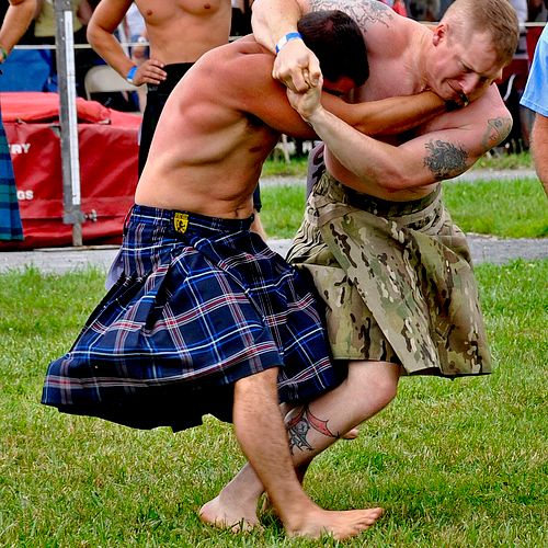 Scottish Highlands games wrestling competition.