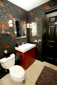 Condo bath with wallpaper and painted woodwork