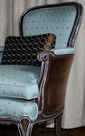 Custom chair upholstered in brown mohair and fabri