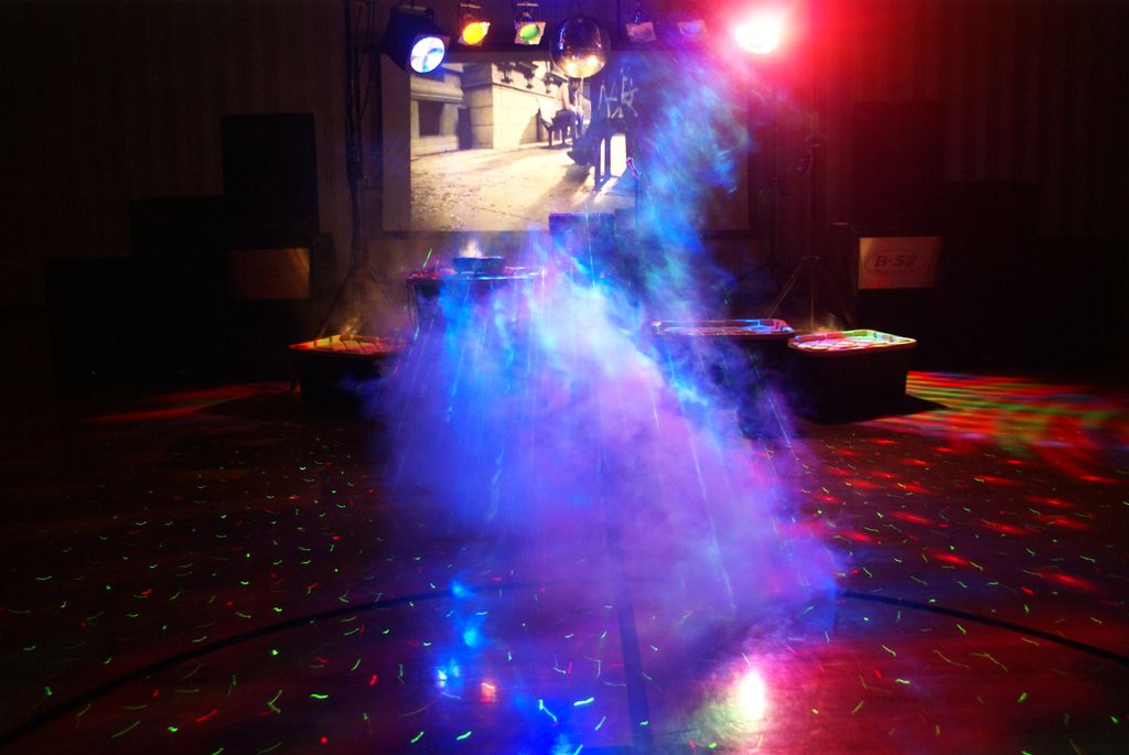 Lighting, fog and video projector setup.