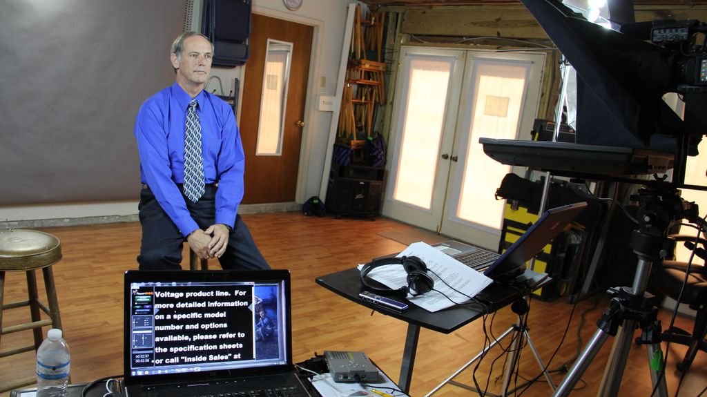 Studio recording of training video with teleprompt