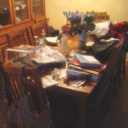 Cluttered dining room table