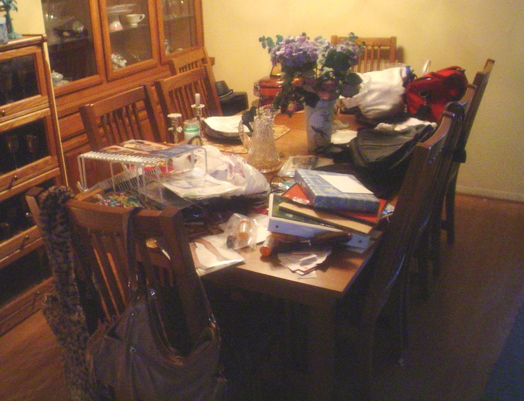 Cluttered dining room table