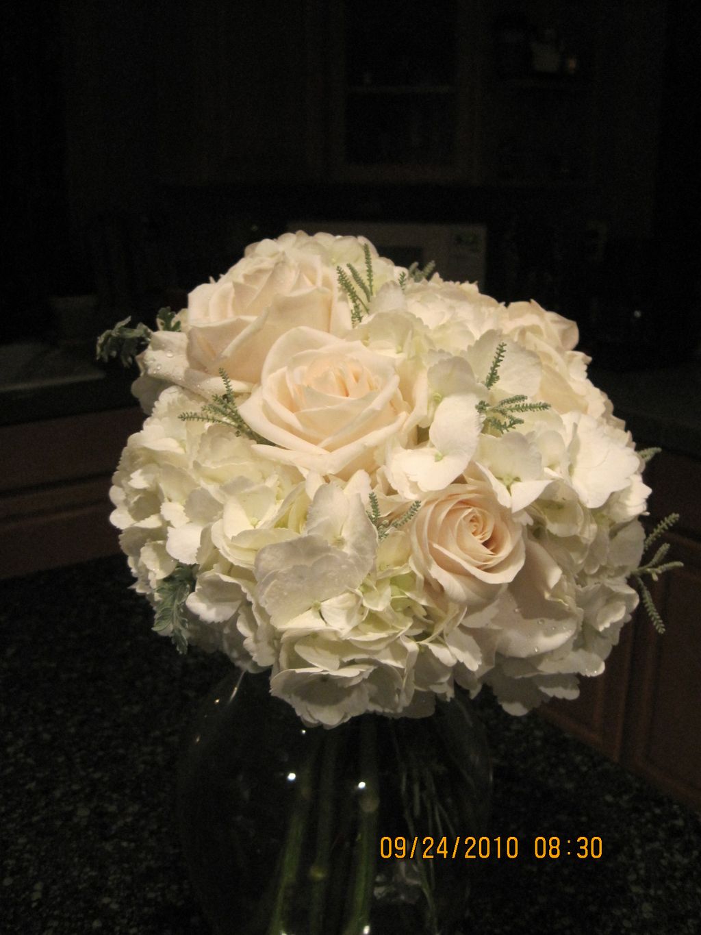 Bridal bouquet, 3 types of white roses, some open,