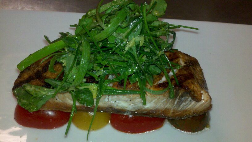 Grilled samon, heirloom tomatoes, 5 mixed herbs.
