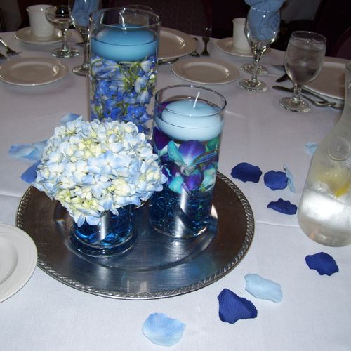 Blue floating candles and orchids.