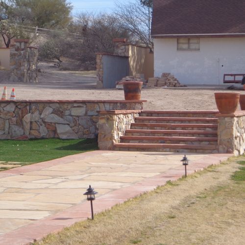 Flagstone stairway , and lower level retaining wal