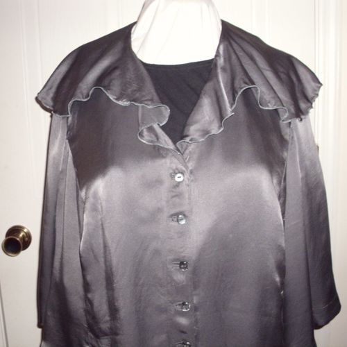 gray silk blouse with ruffle collar