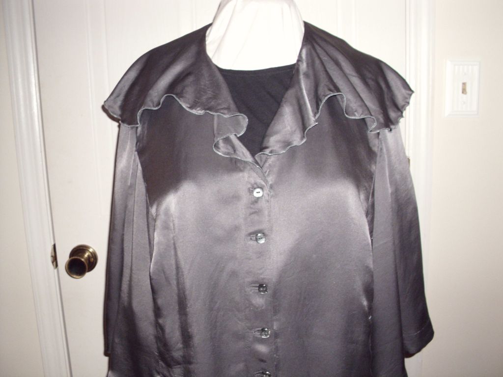 gray silk blouse with ruffle collar
