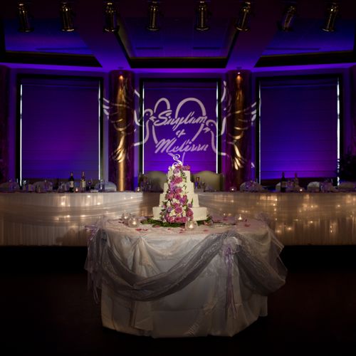 Wedding Reception with Purple Uplighting, name in 