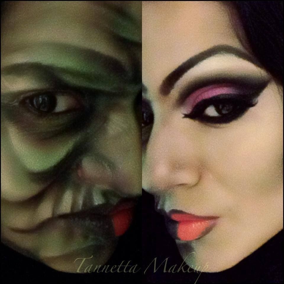 Halloween two faced witch makeup.