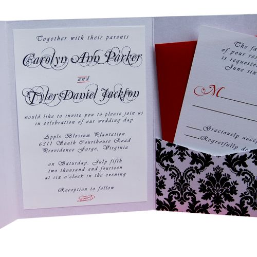 Damask and red pocket wedding invitation