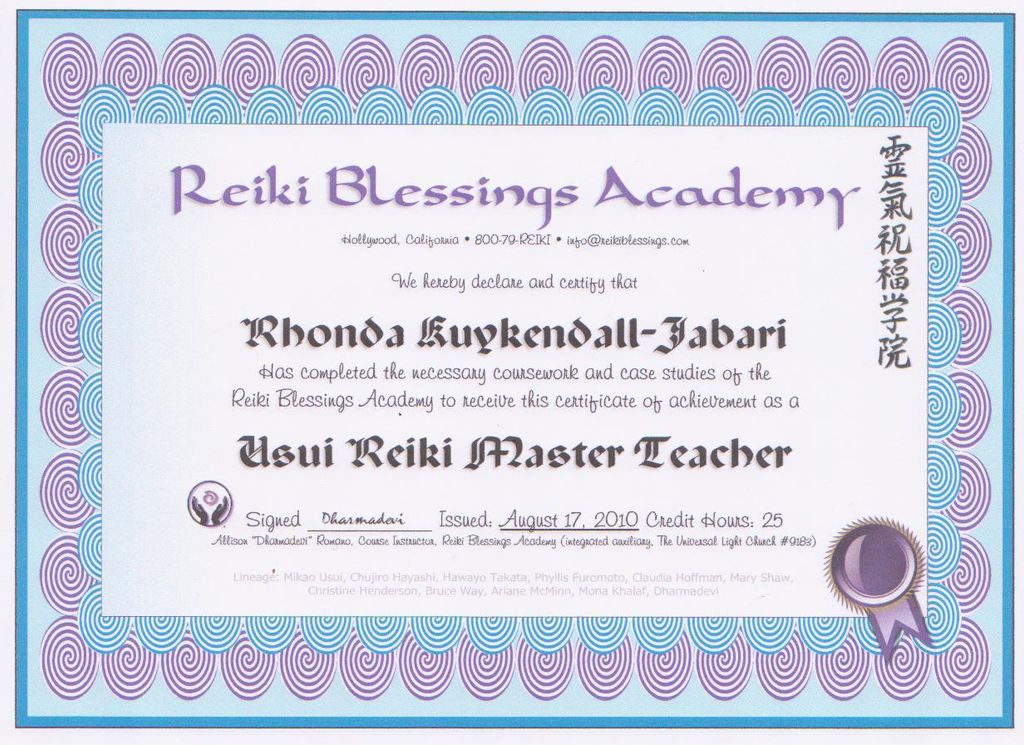 Rhonda is a Certified Usui Reiki Master Teacher
