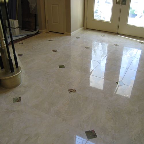 polished porcelain tile with green onyx deco inser