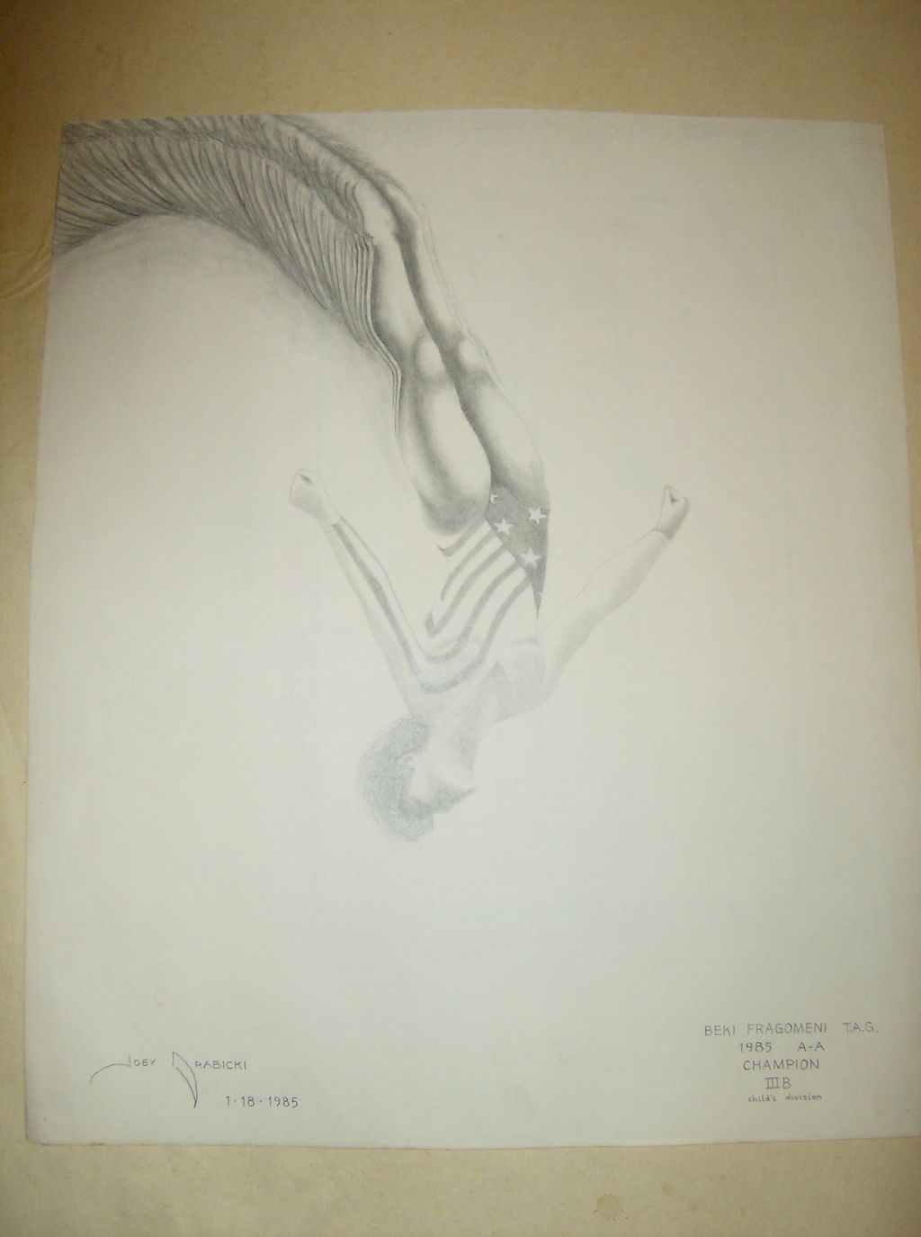 Gymnast girl flipping through the air, done in pen