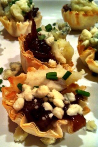 Phyllo cups with balsamic onion relish, creamed po