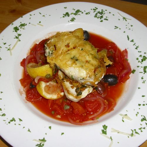 Italian encrusted fish with lemon smoked tomato br