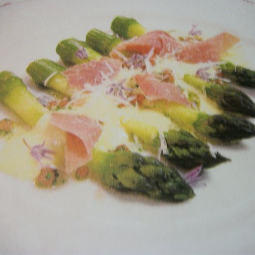 Asparagus, Cured Ham, olive oil Emulsion, Pecorino