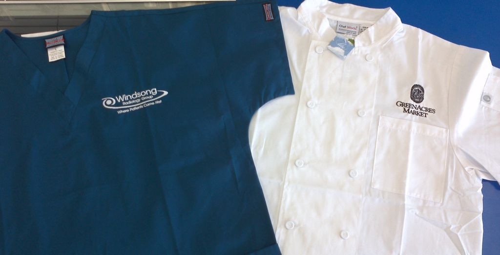Recently Embroidered Scrub Top and Chef Coat for a