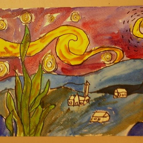 Van Gogh Starry Night by Jessica, age 10. Watercol