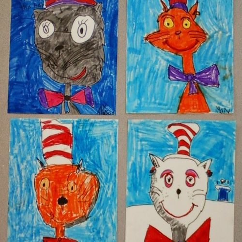 Cat in the Hat drawings by 6-7 year olds. Marker.