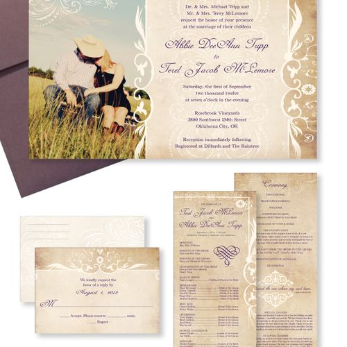 Wedding invitation with program and reply postcard