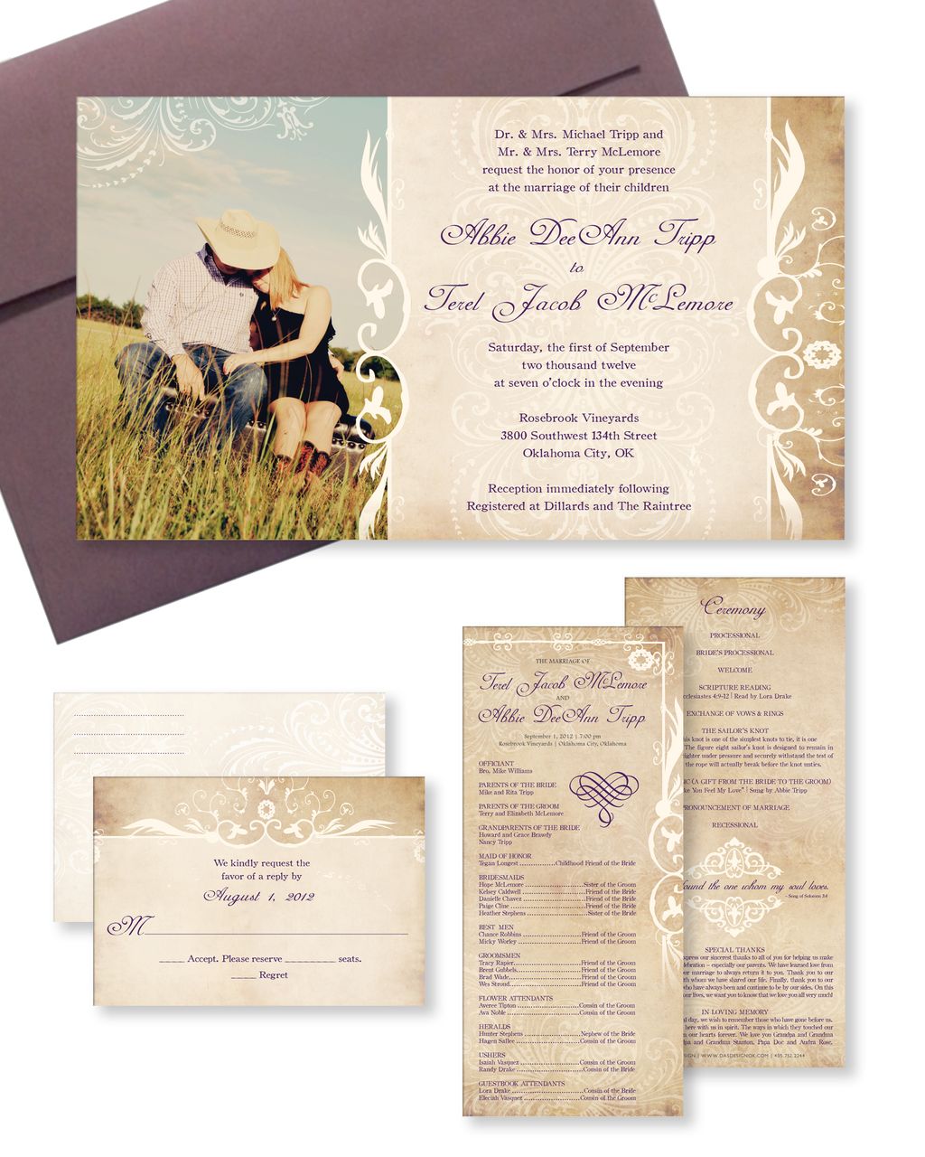 Wedding invitation with program and reply postcard