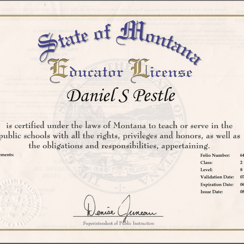Montana Teacher Certification (expire 2015)