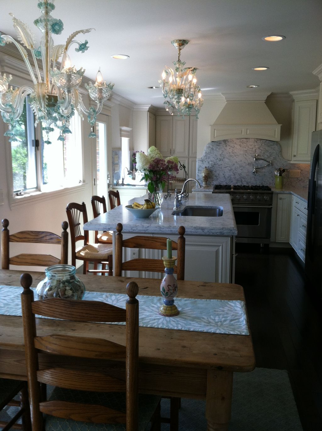 Carrera marble on island and backsplash.