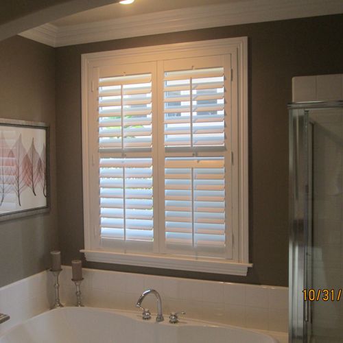 Faux wood shutter with divider rails, Carlsbad, CA