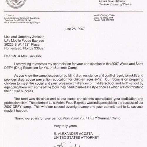 Letter of Rec. US Dept of Justice