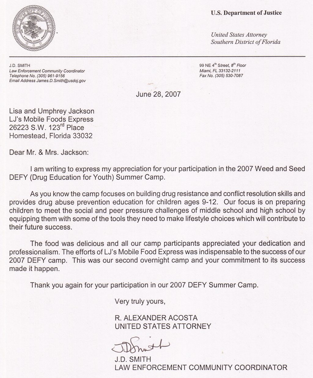 Letter of Rec. US Dept of Justice