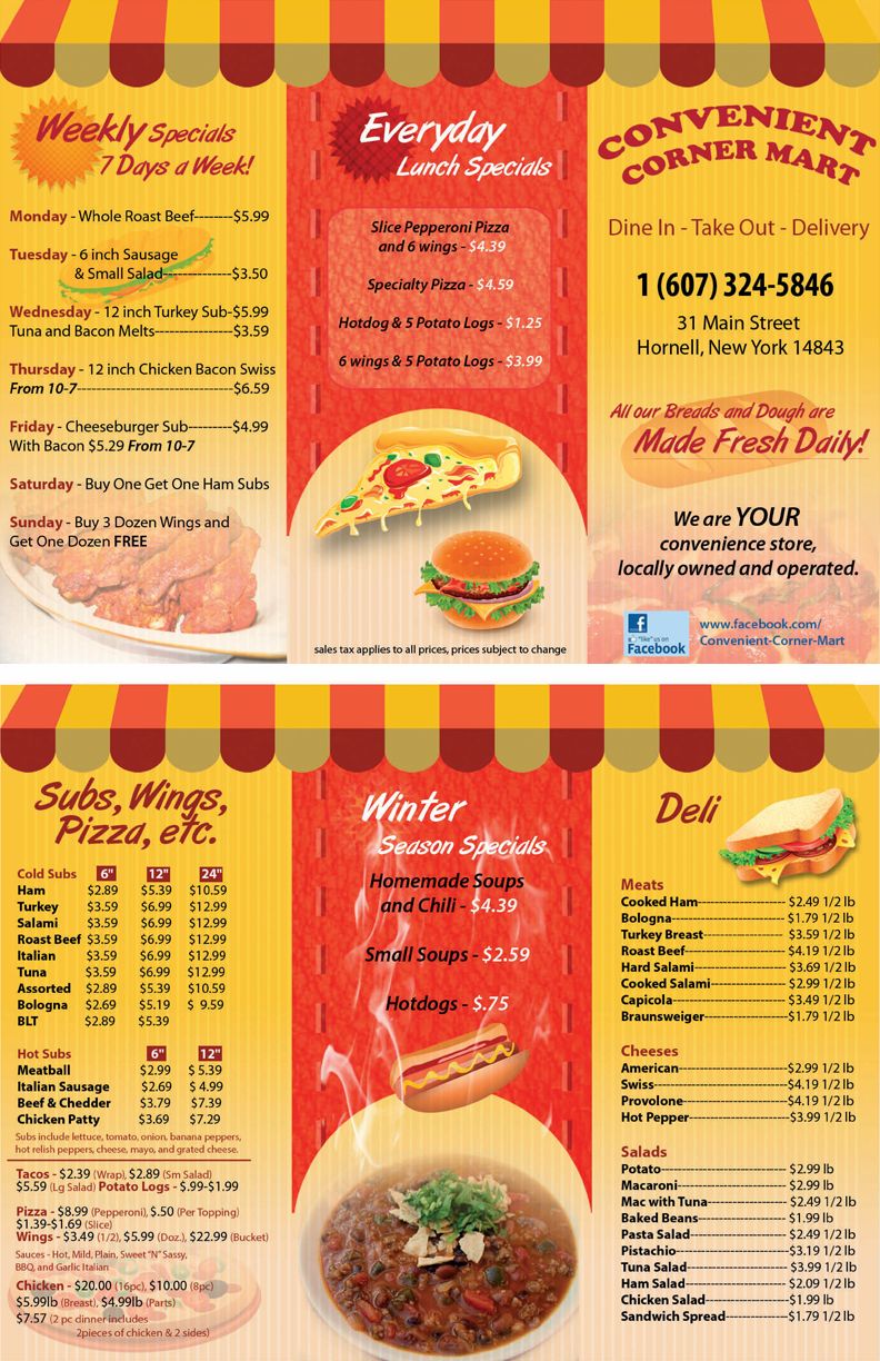 Take Out Menu for a Convenience Store