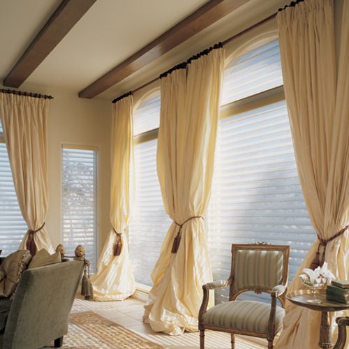 Hunter Douglas Silhouette Blinds with ivory curtai